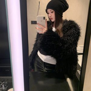 Eco-Friendly Woolen Fur Coat for Women, Thick Furry Jacket in Rice Black, Pure Desire Style, Cozy Winter Essential