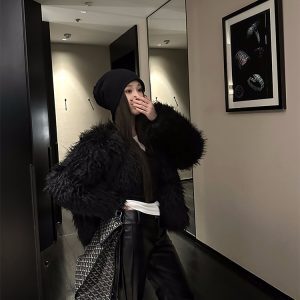 Eco-Friendly Woolen Fur Coat for Women, Thick Furry Jacket in Rice Black, Pure Desire Style, Cozy Winter Essential