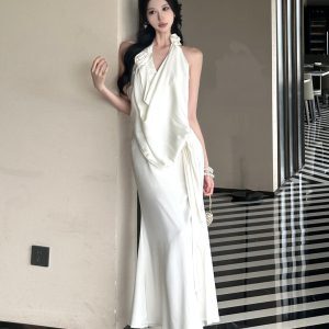 Elegant Aurora Gloss Satin Backless Halter Neck Long Dress - Muse Goddess Style for Special Occasions and Evening Wear