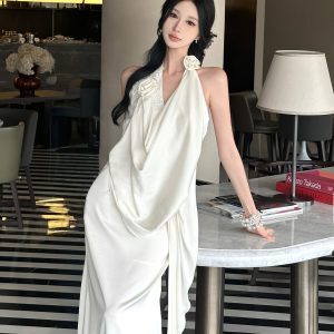 Elegant Aurora Gloss Satin Backless Halter Neck Long Dress - Muse Goddess Style for Special Occasions and Evening Wear