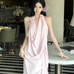 Elegant Aurora Gloss Satin Backless Halter Neck Long Dress - Muse Goddess Style for Special Occasions and Evening Wear