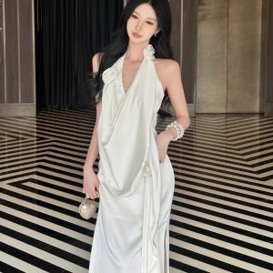 Elegant Aurora Gloss Satin Backless Halter Neck Long Dress - Muse Goddess Style for Special Occasions and Evening Wear