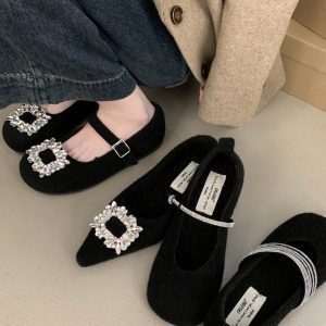 Elegant Black Plush Mary Jane Shoes for Autumn & Winter - 2024 French Flat Style in Woolen Fabric, Perfect for Skirts and Dresses