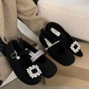 Elegant Black Plush Mary Jane Shoes for Autumn & Winter - 2024 French Flat Style in Woolen Fabric, Perfect for Skirts and Dresses