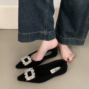 Elegant Black Plush Mary Jane Shoes for Autumn & Winter - 2024 French Flat Style in Woolen Fabric, Perfect for Skirts and Dresses