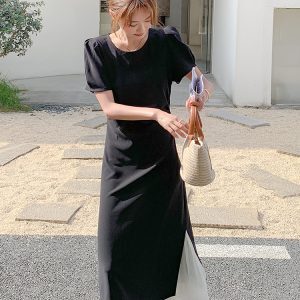 Elegant Black Puff Sleeve Dress for Women - Summer 2025 High-End Waist-Cinching Long Skirt in Unique, Mature Style
