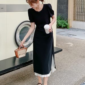 Elegant Black Puff Sleeve Dress for Women - Summer 2025 High-End Waist-Cinching Long Skirt in Unique, Mature Style