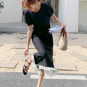 Elegant Black Puff Sleeve Dress for Women - Summer 2025 High-End Waist-Cinching Long Skirt in Unique, Mature Style