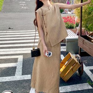Elegant Chinese-Style Qipao Dress for Women, High-Quality Long Skirt Two-Piece Set, Spring Summer 2025 Fashion