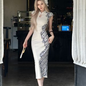 Elegant Chinese-Style Qipao Dress with Blue and White Porcelain Print, Sexy Bodycon Long Skirt, Sophisticated Y2K Fashion