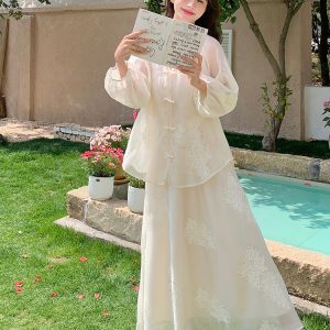 Elegant Chinese-Style White Three-Piece Set for Women - High-End Relaxed Spring and Summer Long Skirt Outfit