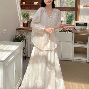Elegant Chinese-Style White Three-Piece Set for Women - High-End Relaxed Spring and Summer Long Skirt Outfit