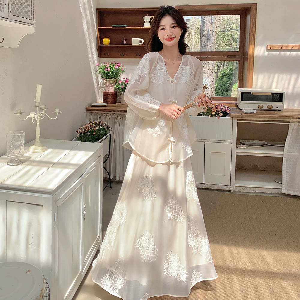 Elegant Chinese-Style White Three-Piece Set for Women - High-End Relaxed Spring and Summer Long Skirt Outfit