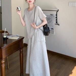 Elegant Cotton-Linen Two-Piece Set for Women - Old Money Style High-End Summer Outfit with Trendy Long Skirt