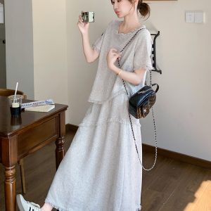 Elegant Cotton-Linen Two-Piece Set for Women - Old Money Style High-End Summer Outfit with Trendy Long Skirt
