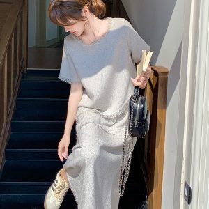 Elegant Cotton-Linen Two-Piece Set for Women - Old Money Style High-End Summer Outfit with Trendy Long Skirt
