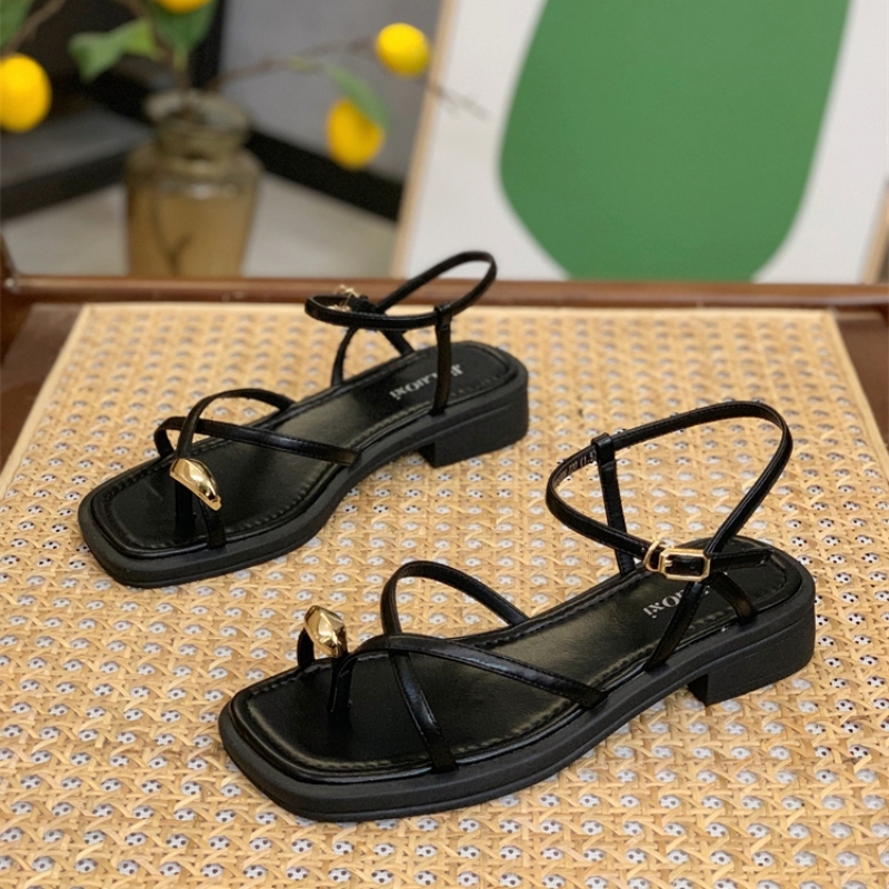 Elegant Fairy-Style Chunky-Heeled Sandals for Women - Trendy Thin Strap One-Strap Toe-Post Roman Shoes for Summer 2025