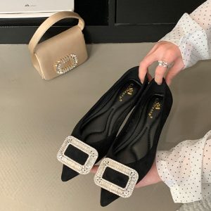 Elegant Flat Pointed-Toe Women's Shoes with Rhinestone Square Buckle - 2025 Spring French Style Black Flats for Commuting and Skirts