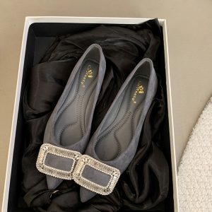 Elegant Flat Pointed-Toe Women's Shoes with Rhinestone Square Buckle - 2025 Spring French Style Black Flats for Commuting and Skirts