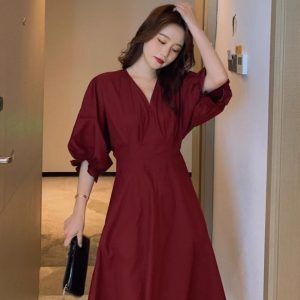 Elegant French Orange V-Neck Puff Sleeve Dress for Women - Spring Summer 2025, Waist-Cinching Long Dress, Perfect for Tea Breaks