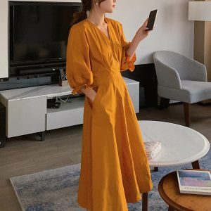 Elegant French Orange V-Neck Puff Sleeve Dress for Women - Spring Summer 2025, Waist-Cinching Long Dress, Perfect for Tea Breaks