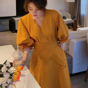 Elegant French Orange V-Neck Puff Sleeve Dress for Women - Spring Summer 2025, Waist-Cinching Long Dress, Perfect for Tea Breaks