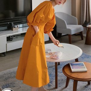 Elegant French Orange V-Neck Puff Sleeve Dress for Women - Spring Summer 2025, Waist-Cinching Long Dress, Perfect for Tea Breaks