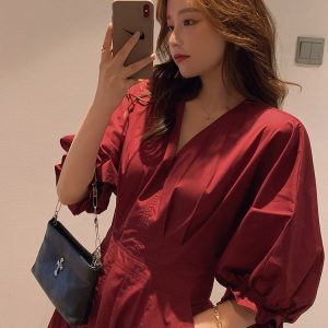 Elegant French Orange V-Neck Puff Sleeve Dress for Women - Spring Summer 2025, Waist-Cinching Long Dress, Perfect for Tea Breaks