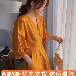 Elegant French Orange V-Neck Puff Sleeve Dress for Women - Spring Summer 2025, Waist-Cinching Long Dress, Perfect for Tea Breaks