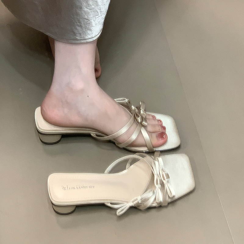 Elegant French Silver Slide Sandals for Women - 2025 New Style Chunky Heel Bow Design - Versatile Chic Footwear