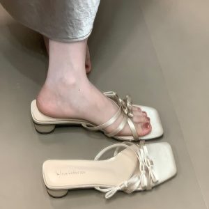 Elegant French Silver Slide Sandals for Women - 2025 New Style Chunky Heel Bow Design - Versatile Chic Footwear