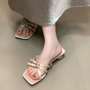 Elegant French Silver Slide Sandals for Women - 2025 New Style Chunky Heel Bow Design - Versatile Chic Footwear