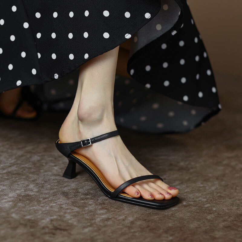 Elegant French Square-Toe Open-Toe Thin-Heeled Sandals for Women - Summer Outdoor High Heels with One-Strap Design