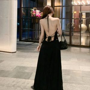 Elegant French-Style Black Backless Dress - High-End Quality Long Gown for Vacation Beach Photos, Perfect for Summer Events