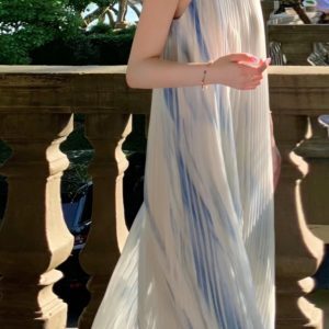 Elegant French-Style Blue Gradient Tie-Dye Spaghetti Strap Dress for Women - Ultra-Fairy Summer Beach Vacation Fashion, Long Wave Dress