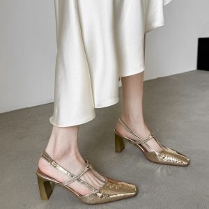 Elegant French-Style Open-Toe Chunky Heel Sandals for Women - Backless Design, Square Toe, 7cm Height, Light Luxury Footwear