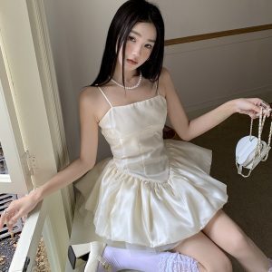 Elegant French-Style Spaghetti Strap Dress with Ballet Puff Skirt - Custom High-End Design, Waist-Cinching, Celebrity Inspired
