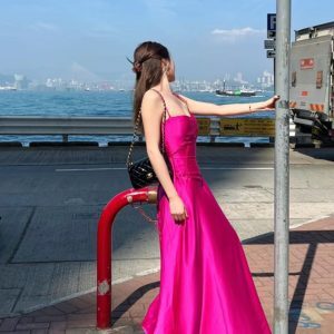 Elegant French-Style Spaghetti Strap Fishtail Evening Dress for Women, Long Birthday Party Gown, High-End Niche Design