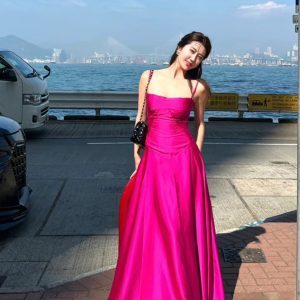 Elegant French-Style Spaghetti Strap Fishtail Evening Dress for Women, Long Birthday Party Gown, High-End Niche Design
