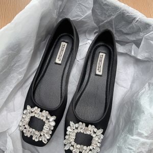 Elegant French-Style Women's Flats with Rhinestones, Square Toe, Shallow Mouth - High-End Commuting & Evening Shoes for Spring 2025