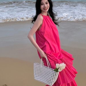 Elegant Fuchsia Spaghetti Strap Pleated Dress for Women - High-End Vacation Style Long Summer Dress for Photo Shoots