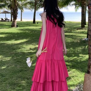 Elegant Fuchsia Spaghetti Strap Pleated Dress for Women - High-End Vacation Style Long Summer Dress for Photo Shoots