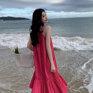Elegant Fuchsia Spaghetti Strap Pleated Dress for Women - High-End Vacation Style Long Summer Dress for Photo Shoots