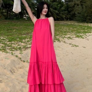 Elegant Fuchsia Spaghetti Strap Pleated Dress for Women - High-End Vacation Style Long Summer Dress for Photo Shoots