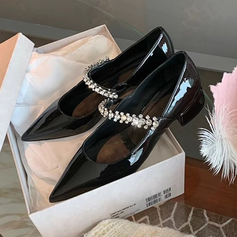 Elegant Genuine Leather Mary Jane Shoes with Rhinestone Chain, Pointed Toe Chunky Heel, and Leopard Print Flats for Women - Spring Style
