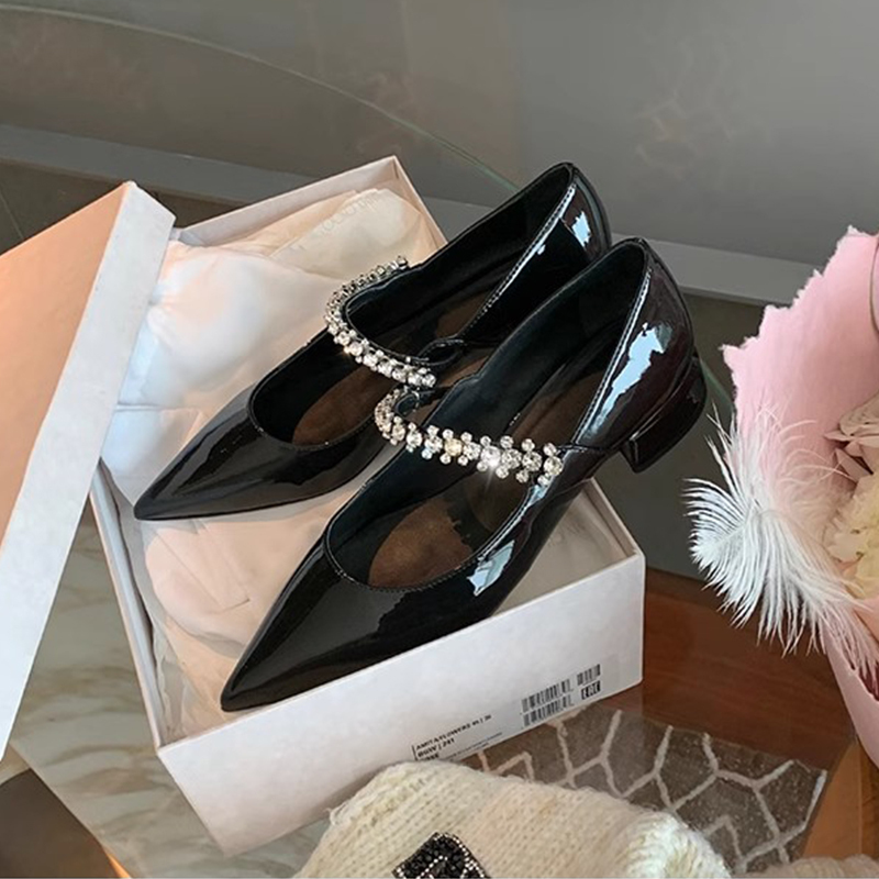 Elegant Genuine Leather Mary Jane Shoes with Rhinestone Chain, Pointed Toe Chunky Heel, and Leopard Print Flats for Women - Spring Style