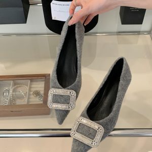 Elegant Gray Woolen High Heels with Thin Heels and Water Diamond Buckle, French-Style Pointed Flats for Spring 2025