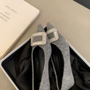 Elegant Gray Woolen High Heels with Thin Heels and Water Diamond Buckle, French-Style Pointed Flats for Spring 2025