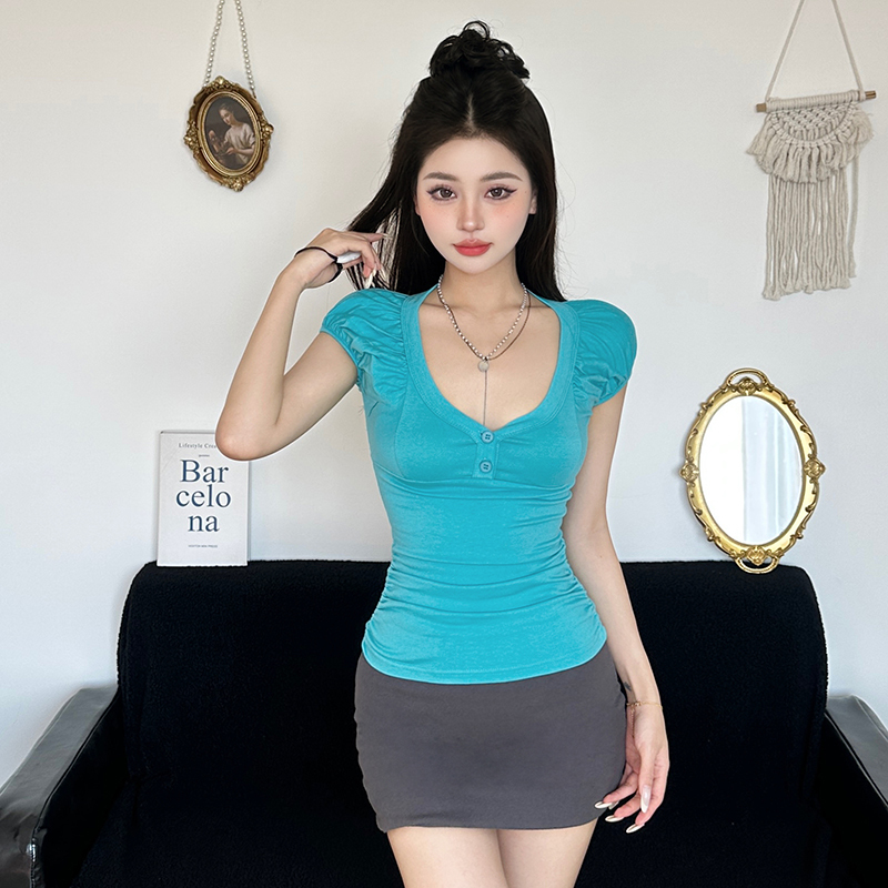 Elegant Green Two-Button Square Neck Short-Sleeve T-Shirt with Ruched Waist - French Style Y2K Hot Girl Top