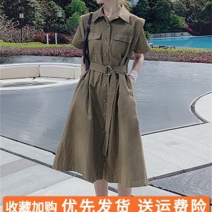 Elegant Hepburn Style Shirt Dress for Women - Flattering Waist, Long Design, Perfect for Summer 2025 Workwear and Casual Outings